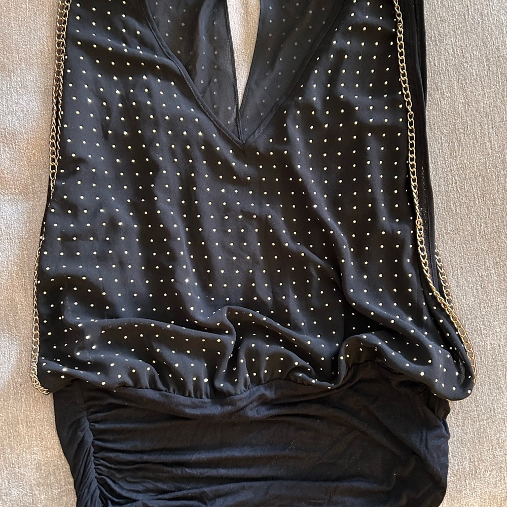 Bebe Black Dress/Shirt with Gold Studs and Chain Detail